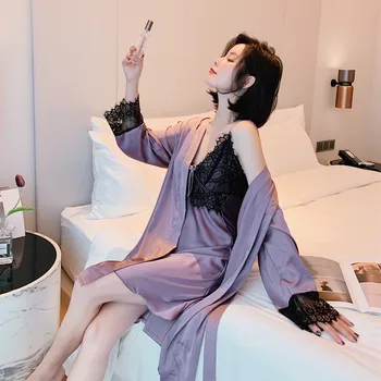 2020 Dvoch-Dielny Jar A v Lete Sexy Housewear Hodvábny Satén Čipky tvaru Dlhý Rukáv podkolienok Žien Nightgown Hot Predaj 1
