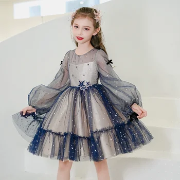 2021 Nové Dievčatá Princezná Šaty Modrej Flitrami Načechraný Tylu Dievča Šaty Dieťa Výkon Šaty Narodeniny Večerné Šaty 1