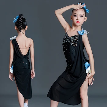 2022 Nové latinské Tanečné Šaty Pre Dievčatá Súťaže Oblečenie Black Drahokamu Šaty Sála Tanečný Kostým Kvetinové Šaty Deti BL9204 1