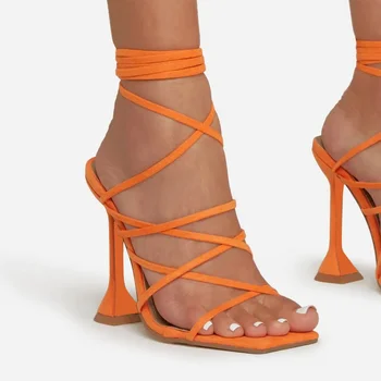 2022 Sexy Sandále Ženy Krajky-Up Tenké Vysokým Podpätkom Kryt Päty Kolo Prst Svadobné Denne Strany Topánky Ženy Sandalia Feminina Veľkosť 35~43 1