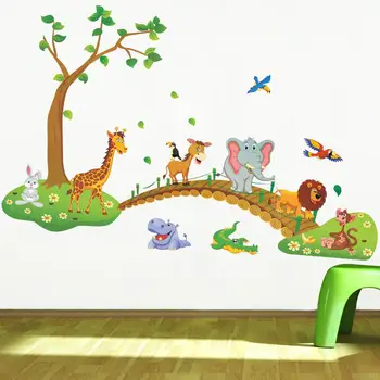 3D animovaný Jungle voľne žijúcich Zvierat strom most lev, Žirafa, Slon vtáky, kvety samolepky na stenu pre deti izba obývacia izba domova 1