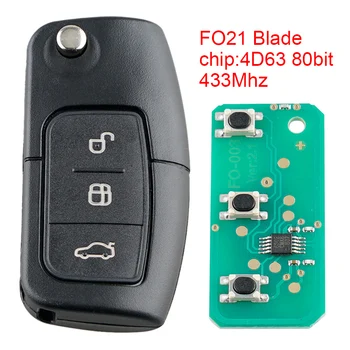 433Mhz 3 Tlačidlá Univerzálny Čierny ABS Smart Remote Auto príveskom, s 4D63 80Bit Čip a FO21 Stierače vhodné na Ford Monde 1