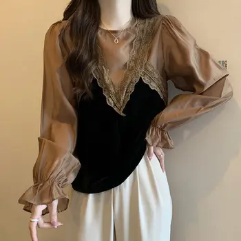 Blúzka ženy brucho pokrýva falošné dve dlhé rukávy blúzky ženy jeseň kórejská verzia spájaní o krk bežné čipky blúzka žena 1