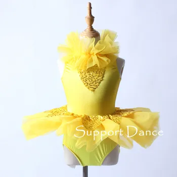 Dievčatá Prehrabať Výstrihu Sequin Balet Tutu Šaty Žien Žltá Výkon Kostým Podporujú Tanečné C319 1
