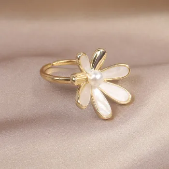 Južná Kórea je nové módne šperky 14K reálne zlatenie akryl biely kvet krúžok elegantné dámske otvorenie nastaviteľný krúžok 1
