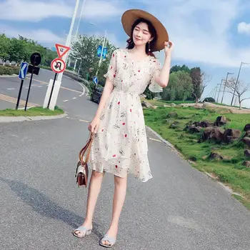 Kvetinový Šifón Šaty Žien 2021 Nové Letné kórejský Strednej dĺžky Dlhý Pás Pás Slim Svetlice Rukáv Sukne dámske Šaty 1