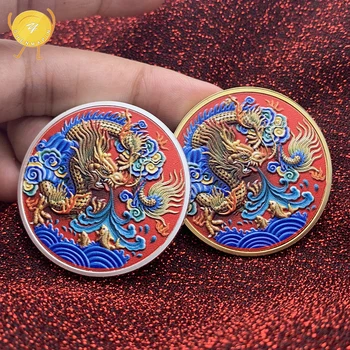 Lucky Dragon Úľavu Maľované Pamätné Mince Čínskeho Zverokruhu Osem-Trigram Vzniku Zlato, Striebro, Mince, Zberateľské Predmety 1