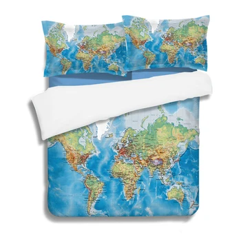 Mapa sveta Geografia posteľná bielizeň Nastaviť Živé Vytlačené Modrá Čierna Posteľ Obliečky Kryt s Vankúše Mäkké Útulný Twin/ Queen/ Kráľ 3 Ks