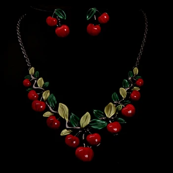 Moderné Ženy Strany Šperky Set Cherry Leaf Tvar Sladké Ženské Stud Náušnice Choker Vyhlásenie Náhrdelník Golier 2021 1