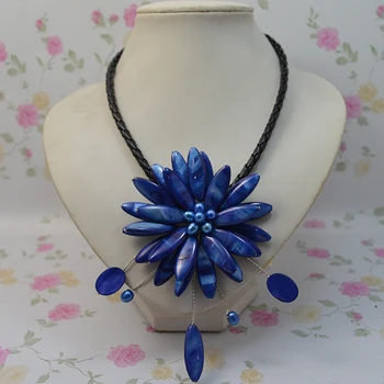 Nový Príchod Obľúbené Pearl Šperky Prírodné Sladkovodné Perly Modrá Shell Kvet Ručné Čierne Lano Náhrdelník Jemné Ženy Darček 1