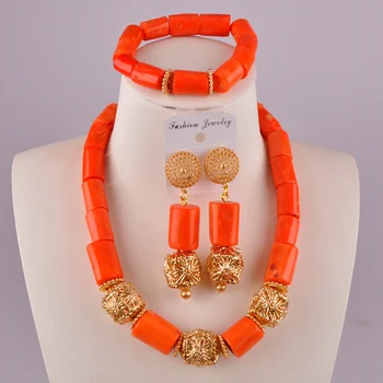 Orange Prírodné Coral Perličiek Náhrdelník Šperky Afriky Svadobné Hostiny, Šperky Nigéria Svadobné Nádherné Dámy Nastaviť AU-94 1