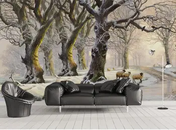 Prispôsobte 3D Tapeta Maľovanie na Sneh, les veľký strom ovce Obývacia izba Tapety 3D Pozadia na stenu Dekoratívne Maľby 1
