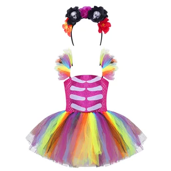Rainbow Kostra Deti Strašidelné Halloween Kostým Šaty Cosplay Trblietavé Lebky Ghost Cosplay Horor Karneval Party Tutu Šaty 1