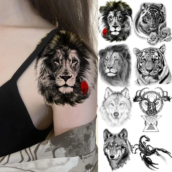 Realistické Lev Ruže Kvet Dočasné Tetovanie Pre Ženy Dospelých Mužov Tiger, Vlk Jeleň Falošné Tetovanie Štýlová Nepremokavá Tatoos Nálepky 1