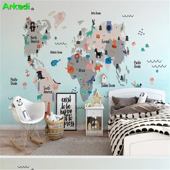 Ručne ťahané kreslený svet zvierat, mapa 3D nástenná maľba stereo úrad v ranom detstve deti spálňa štúdia detskej izby, dekorácie 1