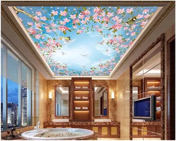 Vlastné 3d strop, nástenné maľby, tapety Modrá obloha, biele mraky, vtáky, čerešňové kvety 3d nástenné maľby, tapety pre obývacia izba 1