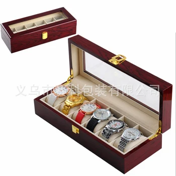 Vysoko Kvalitný Drevený box 6 sloty Hodinky Hodinky Elegantné Luxusné Šperky Zobraziť Skladovanie organizované Caixa para relogio
