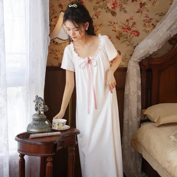 Ženy-Krátke rukávy Nightdress Lete Bavlna Voľné Sleepwear Plus Veľkosť Dlho Nightgowns Palác Štýl Noc Šaty Sleepshirts 2021 1