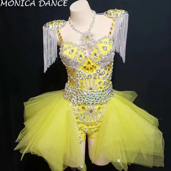 Ženy Sexy Fáze Neon Žltá Drahokamu Oblečenie Trikot Sukne Fáze Show Rameno Podložky Tanečné Nosiť Reťaze Okraji Oblečenie Set Sa 1