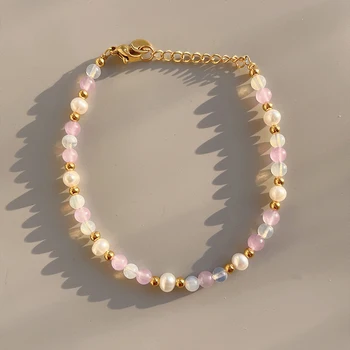 18KGF Prírodný Ružový Kameň Sladkovodné Perly Korálkové Náramky pre Ženy, Jemné Šperky Narodeninám 2