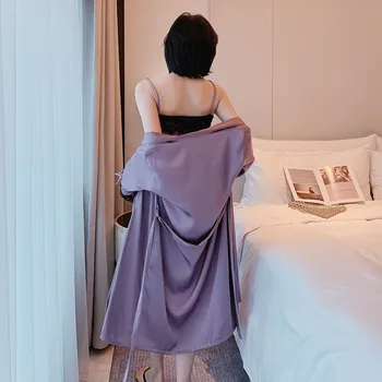 2020 Dvoch-Dielny Jar A v Lete Sexy Housewear Hodvábny Satén Čipky tvaru Dlhý Rukáv podkolienok Žien Nightgown Hot Predaj 2