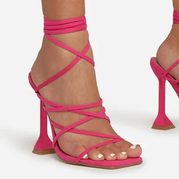 2022 Sexy Sandále Ženy Krajky-Up Tenké Vysokým Podpätkom Kryt Päty Kolo Prst Svadobné Denne Strany Topánky Ženy Sandalia Feminina Veľkosť 35~43 2