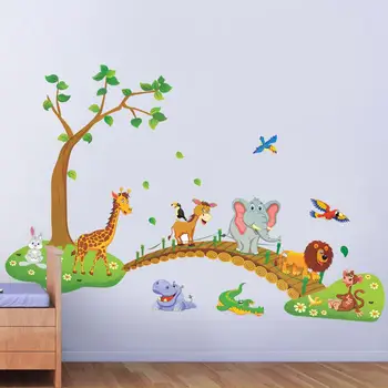 3D animovaný Jungle voľne žijúcich Zvierat strom most lev, Žirafa, Slon vtáky, kvety samolepky na stenu pre deti izba obývacia izba domova 2