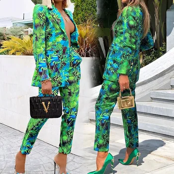 Africkej Ženy Sady 2021 Tlač Dlhý Rukáv Bundy Nohavice Obleky Office Lady Elegantné 2 Dielna Sada Business Oblečenie Afrike Oblečenie 2