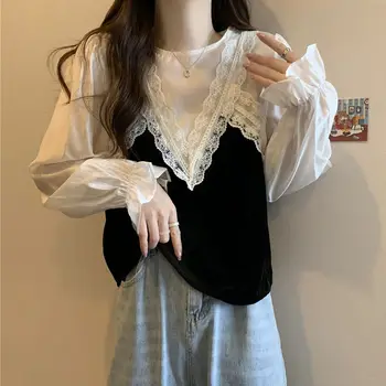 Blúzka ženy brucho pokrýva falošné dve dlhé rukávy blúzky ženy jeseň kórejská verzia spájaní o krk bežné čipky blúzka žena 2
