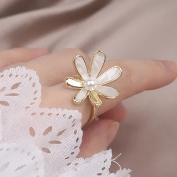 Južná Kórea je nové módne šperky 14K reálne zlatenie akryl biely kvet krúžok elegantné dámske otvorenie nastaviteľný krúžok 2