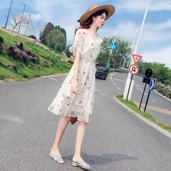 Kvetinový Šifón Šaty Žien 2021 Nové Letné kórejský Strednej dĺžky Dlhý Pás Pás Slim Svetlice Rukáv Sukne dámske Šaty 2