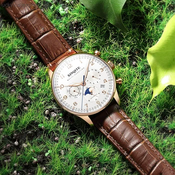 Luxusné značky mechanické automatické hodinky pre človeka multifunkčné rose gold muž sledovať hnedý kožený remienok nepremokavé wristwatchA243 2