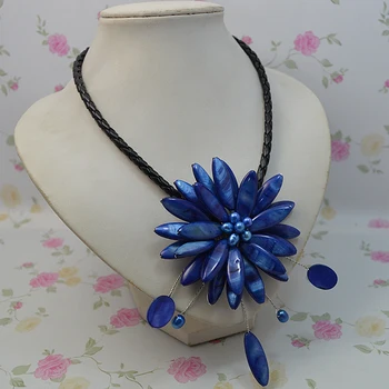 Nový Príchod Obľúbené Pearl Šperky Prírodné Sladkovodné Perly Modrá Shell Kvet Ručné Čierne Lano Náhrdelník Jemné Ženy Darček 2