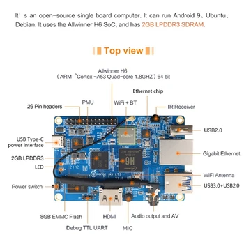 Pre Orange Pi 3 LTS Vývoj Doska+Chladič H6 2G DDR3 8G EMMC Open Source Rada Pre Android 9.0 Ubuntu, Debian OS 2