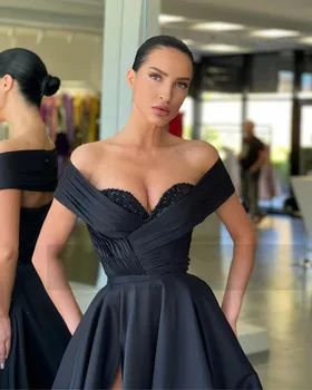 Sexy Dizajnér Čierne Večerné Šaty Prehrabať Korálky Ramena Split Formálne Ženy Noc Party Šaty Prom Šaty, De Soiree 2