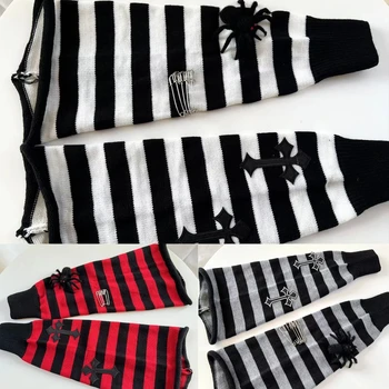 Temné, Gotické Ženy Pruhované Pletených Nohu Teplejšie Ponožky Japonský Punk Halloween 3D Spider pre Cross Kovové Kolíky Teplé Nohy Kryt 2