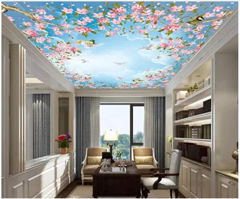 Vlastné 3d strop, nástenné maľby, tapety Modrá obloha, biele mraky, vtáky, čerešňové kvety 3d nástenné maľby, tapety pre obývacia izba 2