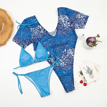 Ženy 3-Dielna Oka Sexy Bikini Set Blue Hlboké V-Neck Top S uväzovaním za Stranu-Viazané Remeň Dna a Trojuholník Blúzka Nastaviť 2
