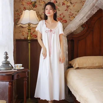 Ženy-Krátke rukávy Nightdress Lete Bavlna Voľné Sleepwear Plus Veľkosť Dlho Nightgowns Palác Štýl Noc Šaty Sleepshirts 2021 2