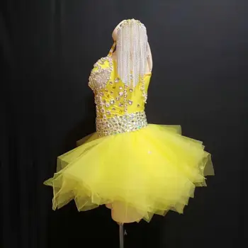 Ženy Sexy Fáze Neon Žltá Drahokamu Oblečenie Trikot Sukne Fáze Show Rameno Podložky Tanečné Nosiť Reťaze Okraji Oblečenie Set Sa 2