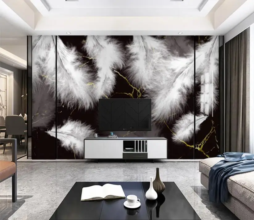 3d Foto Tapety Vlastné Kreatívne nástenné pierko čierne zlato mramorový vzor domova obývacia izba tapety na steny 3d Obrázok 1