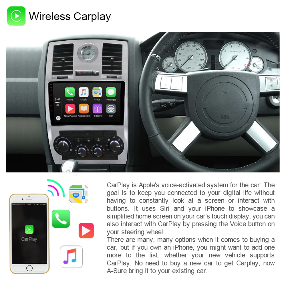A-Istý 2 Din 9-Palcový autorádia Bezdrôtový Android Auto CarPlay 1280*720 IPS DSP BT, WIFI, GPS Navigácia Pre Chrysler 300C 2005-2010 Obrázok 3