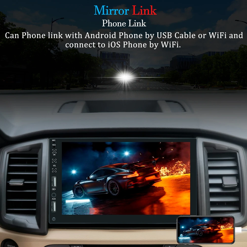ESSGOO 7 palcový autorádio 1 2 Din Din Multimediálny MP5 Prehrávač Carplay Android Auto 2 USB AM, FM, Bluetooth, SD, AUX V Aute Autoradio Obrázok 3
