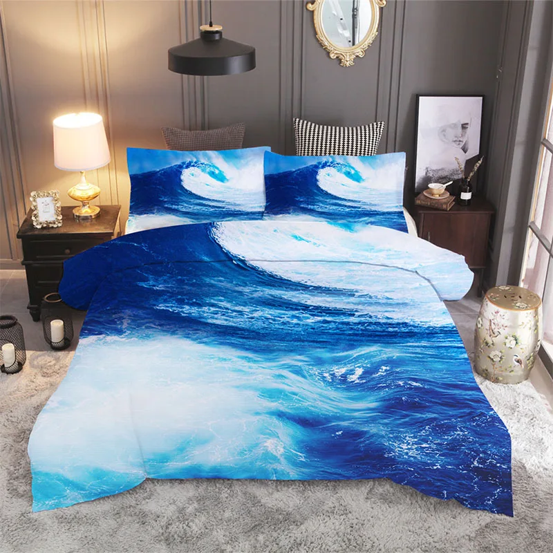 Euro 3D Vytlačené posteľná bielizeň Nastaviť Pláž Ocean Scenérie Perinu Polyester Kráľovná King Size Cumlík Stanovuje Jednotný Manželská Posteľ Oblečenie Obrázok 2