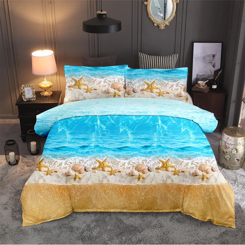 Euro 3D Vytlačené posteľná bielizeň Nastaviť Pláž Ocean Scenérie Perinu Polyester Kráľovná King Size Cumlík Stanovuje Jednotný Manželská Posteľ Oblečenie Obrázok 5