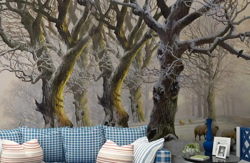 Prispôsobte 3D Tapeta Maľovanie na Sneh, les veľký strom ovce Obývacia izba Tapety 3D Pozadia na stenu Dekoratívne Maľby Obrázok 4