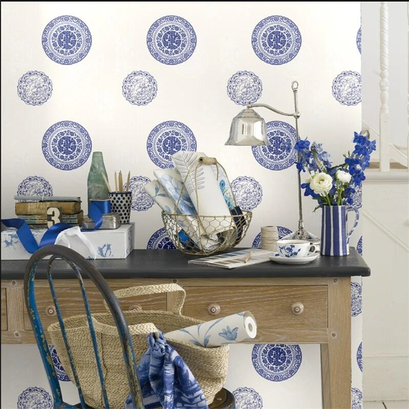 WELLYU Čínsky modré a biele porcelánové disk ryby kvet obývacia izba štúdia tapety hotelová izba izba okno pozadie, wallpaper Obrázok 1