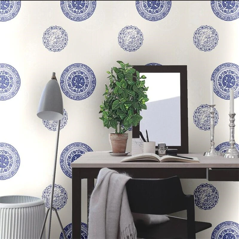 WELLYU Čínsky modré a biele porcelánové disk ryby kvet obývacia izba štúdia tapety hotelová izba izba okno pozadie, wallpaper Obrázok 2