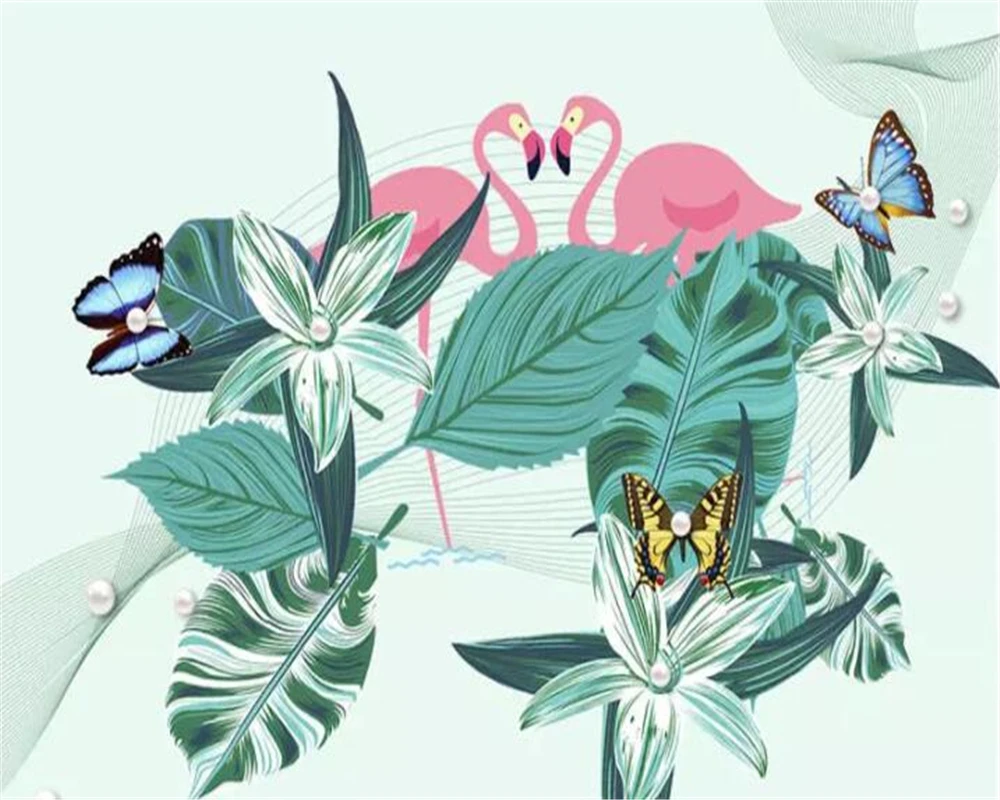 beibehang Vlastné 3d tapeta Osobnosti Ručne ťahané stredoveké tropické flamingo rastlín pozadí steny 3d tapeta nástenná maľba Obrázok 1
