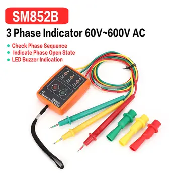 Nové SM852B 3 Fáze Otáčania Tester Digitálny Indikátor Fázy Detektor LED Bzučiak Sled fáz Merač Napätia Tester 60V~600V AC 1